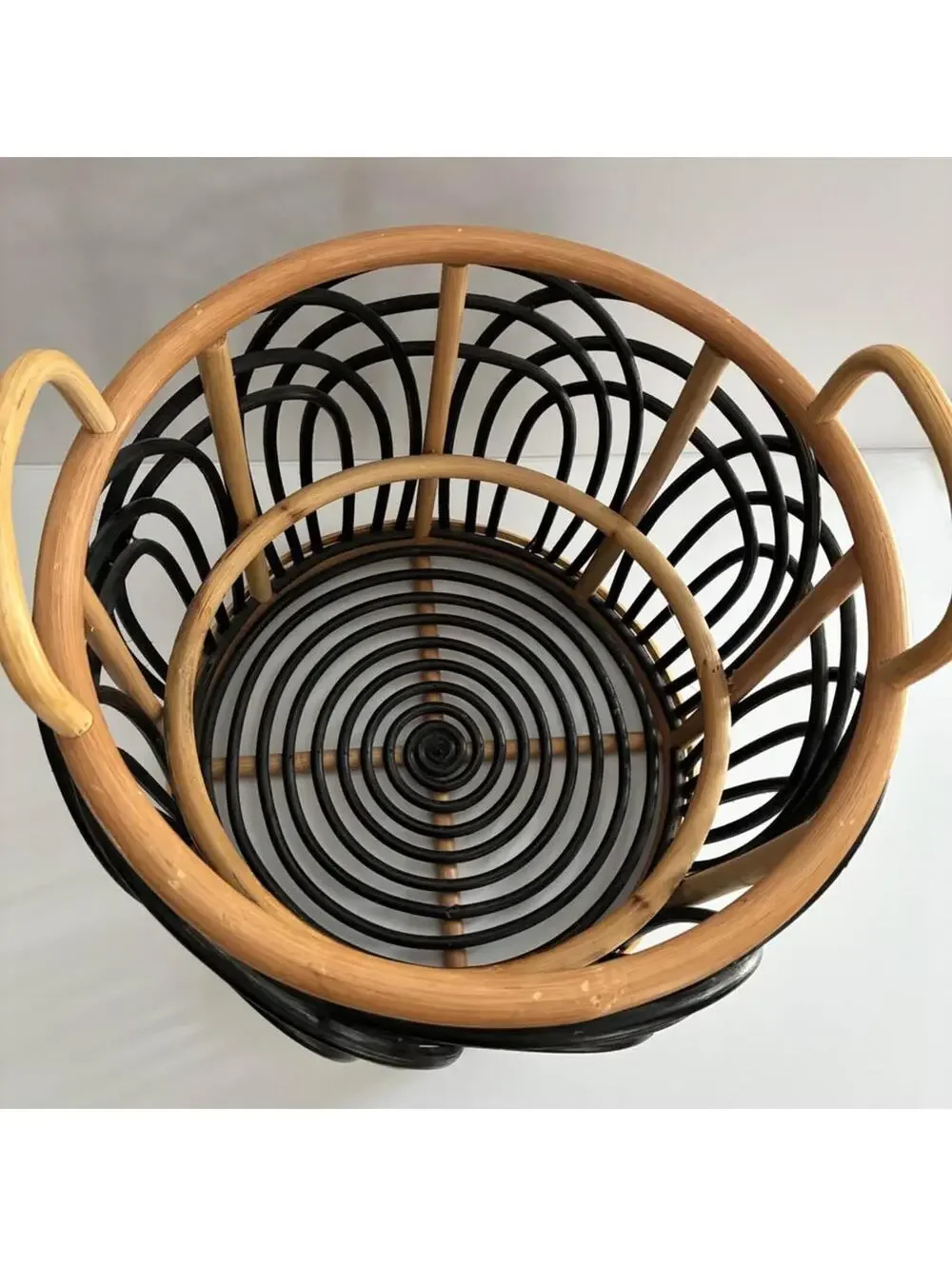 Vintage Two Tone Rattan Storage Basket Black Natural Bamboo Handles Woven